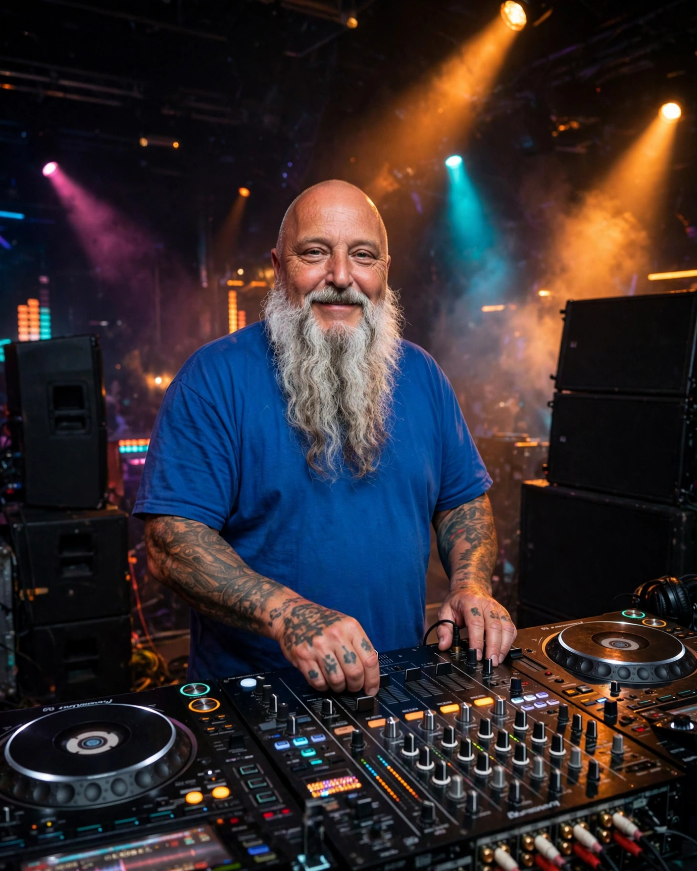 Herbert The Buzzkill am DJ-Mischpult auf einer Bühne mit farbigen Scheinwerfern