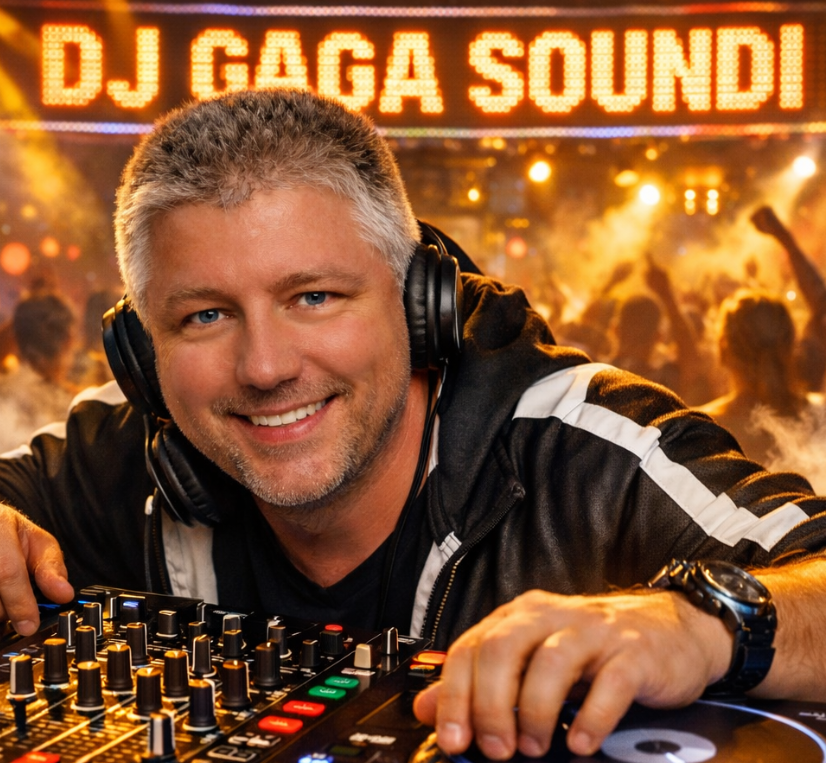 DJ Gaga Soundi am DJ-Mischpult auf einer Bühne
